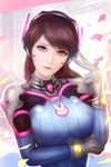  alternate_breast_size alternate_eye_color animal_print artist_name bangs bodysuit bracer breasts brown_hair bunny_print closed_mouth d.va_(overwatch) eyelashes facepaint facial_mark gloves hand_to_head hand_up headphones large_breasts lips lipstick long_hair long_sleeves looking_at_viewer makeup overwatch pauldrons pilot_suit pink_lipstick purple_eyes ribbed_bodysuit shoulder_pads skin_tight smile solo symbol-shaped_pupils turtleneck upper_body whisker_markings white_gloves zhai_xiao_fei 