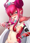  armor bad_id bad_pixiv_id bikini_armor blue_eyes blue_ribbon blush breasts cape choker curled_horns dinas earrings elizabeth_bathory_(brave)_(fate) elizabeth_bathory_(fate)_(all) fate/grand_order fate_(series) flashing gradient gradient_background hand_on_hip heart heart-shaped_pupils heavy_breathing horns jewelry long_hair looking_at_viewer loose_bikini naughty_face navel nipples nose_blush pauldrons pink_hair pointy_ears red_armor ribbon silver_trim small_breasts solo sweat symbol-shaped_pupils tiara tongue tongue_out two_side_up vambraces white_cape 