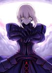  &gt;:( absurdres ambiguous_red_liquid armor armored_dress artoria_pendragon_(all) black_armor closed_mouth commentary_request cowboy_shot fate/stay_night fate_(series) frown gauntlets harukon_(halcon) highres looking_at_viewer pale_skin pauldrons planted_sword planted_weapon saber_alter serious solo sword v-shaped_eyebrows weapon white_hair yellow_eyes 
