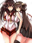  ahoge bare_shoulders black_skirt blush breasts brown_eyes brown_hair commentary haik hair_between_eyes hairband highres japanese_clothes kantai_collection kongou_(kantai_collection) large_breasts long_hair looking_at_viewer miniskirt multiple_girls nontraditional_miko ponytail red_skirt sketch skirt yamato_(kantai_collection) 