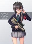  black_hair dreadtie glasses gun highres iwi_x95 necktie original purple_eyes school_uniform short_hair solo weapon 