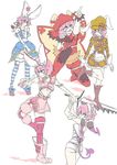  1girl ahoge alternate_costume animal_ears aqua_eyes arc_system_works ass blush boots breasts bunny_ears clover dress elphelt_valentine four-leaf_clover gloves guilty_gear guilty_gear_xrd hat mirui mismatched_legwear open_mouth pink_hair short_dress short_hair short_shorts shorts sketch smile striped striped_legwear sword tail thighhighs weapon wings 