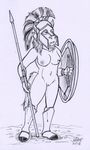  2016 anthro armor bracelet breasts equine female greaves helmet horse jewelry mammal melee_weapon monochrome navel nipples nude polearm pussy rabbi-tom red_shetland shield simple_background solo spear standing weapon white_background 