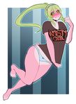  2016 amphibian anthro blonde_hair blush clothing english_text female frog green_eyes green_hair hair hairband hindpaw invalid_tag long_hair looking_at_viewer panties paws pink_skin redrabbu shirt solo text underwear wide_hips 