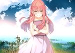  bare_shoulders blush bow brown_eyes cloud cloudy_sky crying day dress hair_bow half_updo happy_tears highres hug jun_project long_hair pink_hair plant rin_(shelter) shelter_(music_video) sky sleeveless solo streaming_tears tablet_pc tears 