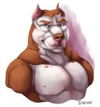  2016 anthro blue_eyes bluechance brown_eyebrows brown_fur brown_nose bust_portrait canine digital_media_(artwork) dog eyebrows front_view fur looking_at_viewer male mammal multicolored_fur multicolored_nose muscular muscular_male pecs pink_nose pit_bull portrait signature simple_background solo two_tone_fur two_tone_nose vincent_(hurst) white_background white_fur 