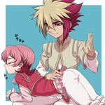  2boys ass blonde_hair blush brothers eyes_closed grin iii_(yuu-gi-ou_zexal) interlocked_hands iv_(yuu-gi-ou_zexal) male_focus multicolored_hair multiple_boys pants pink_hair red_eyes red_hair scar shimomoto short_hair siblings smile spanking sweatdrop translation_request two-tone_hair yu-gi-oh! yuu-gi-ou_zexal 