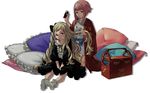  blonde_hair comb combing drill_hair elise_(fire_emblem_if) fire_emblem fire_emblem_if japanese_clothes kozaki_yuusuke long_hair looking_at_viewer multiple_girls official_art pajamas pillow pink_hair ribbon sakura_(fire_emblem_if) short_hair simple_background sitting smile socks white_background wide_sleeves 