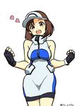  ace_trainer_(pokemon) black_gloves brown_eyes brown_hair clenched_hand cowboy_shot fingerless_gloves gloves heart high_collar highres nao_(70_pocky) pokemon pokemon_(game) pokemon_sm short_hair simple_background smile solo twitter_username visor_cap white_background 