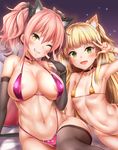  animal_ears areola_slip areolae bad_revision bikini blonde_hair breasts cat_ears choker elbow_gloves fangs fingerless_gloves gloves gyaru highres idolmaster idolmaster_cinderella_girls jougasaki_mika jougasaki_rika large_breasts looking_at_viewer lying md5_mismatch micro_bikini multiple_girls navel on_side one_eye_closed oni-noboru pillow pink_hair shiny shiny_skin siblings sideboob sisters sitting skindentation small_breasts smile swimsuit teeth thighhighs toned twintails v wide_hips yellow_eyes 