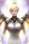  alternate_eye_color bangs blonde_hair breastplate breasts closed_mouth expressionless eyelashes hair_ornament headgear high_ponytail highres large_breasts lips lipstick looking_at_viewer makeup mechanical_halo mechanical_wings mercy_(overwatch) nose overwatch pink_lips pink_lipstick purple_eyes short_ponytail solo upper_body wings zhai_xiao_fei 