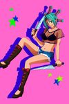  1girl bra breasts female green_eyes green_hair hunter_x_hunter legs menchi_(hunter_x_hunter) short_shorts smile solo underwear 