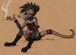  anthro boots bracelet breasts clothed clothing female footwear fur hair jewelry mammal marsupial open_mouth opossum piercing purple_hair shorts sitting smoke smoking solo spiked_bracelet spikes traditional_media_(artwork) zenirix 