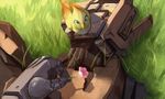  animal_on_head bastion_(overwatch) bird bird_on_head broken commentary crack damaged death dirty flower ganymede_(overwatch) grass holding holding_flower lying mecha no_humans on_floor on_head overwatch plant robot rust sae_(revirth) 