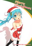  bare_shoulders black_legwear blue_eyes blue_hair breasts christmas cleavage collarbone detached_sleeves eyebrows eyebrows_visible_through_hair from_above hair_between_eyes hat hatsune_miku kuro-kun_(nablack) layered_skirt long_hair one_eye_closed open_mouth red_hat red_shirt santa_costume santa_hat shirt skirt small_breasts solo strapless thighhighs twintails vocaloid white_skirt 