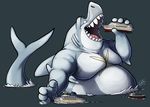  2016 4_fingers anthro belly big_belly cruise_ship digital_media_(artwork) dorsal_fin fin fish fish_tail gaping_mouth gills grey_background grey_skin grey_tail holding_object imminent_vore macro macroceli_(artist) male marine moobs multicolored_skin nude open_mouth overweight overweight_male partially_submerged shark sharp_teeth ship signature simple_background solo teeth two_tone_skin vehicle vore white_skin 
