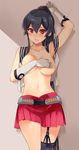  asymmetrical_legwear blush breasts collarbone commentary_request covering covering_breasts eyebrows eyebrows_visible_through_hair garter_straps gloves hair_between_eyes hair_tie ichinomiya_(blantte) kantai_collection long_hair looking_at_viewer medium_breasts navel open_clothes parted_lips ponytail red_eyes red_skirt shadow skirt smile solo stomach very_long_hair wall white_gloves yahagi_(kantai_collection) 