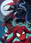  battle cape cartoonized chain crossover deadpool duel ebi_no_hito fighting green_eyes gun image_comics male_focus marvel mask moon multiple_boys silk spawn spawn_(spawn) spider-man spider-man_(series) spider_web spikes superhero sword weapon white_eyes 