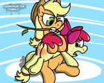  2016 apple_bloom_(mlp) applejack_(mlp) blonde_hair digital_media_(artwork) duo earth_pony equine female feral friendship_is_magic fur green_eyes hair hair_bow hair_ribbon hat horse mammal my_little_pony pokefound pony red_hair ribbons simple_background spanking tongue young 