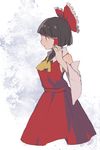  black_eyes black_hair bow breasts brown_hair detached_sleeves frilled_bow frills from_side hair_bow hair_tubes hakurei_reimu hand_up medium_breasts profile red_shirt red_skirt shirt short_hair shukinuko skirt smile solo touhou wide_sleeves 