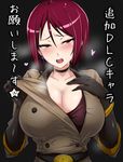  bangs belt black_background black_gloves blush breasts choker cleavage collarbone come_hither commentary earrings elbow_gloves gloves highres jewelry large_breasts looking_at_viewer military military_uniform okyou open_mouth parted_bangs promotional_art red_eyes red_hair short_hair solo sweat teeth the_king_of_fighters translated undershirt uniform upper_body whip_(kof) 