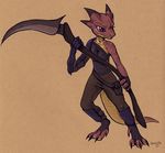  2016 armor barefoot clothed clothing cute_fangs kobold melee_weapon pink_skin polearm pouch purple_eyes scythe signature simple_background weapon zenirix 