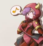  blush breasts commentary_request eighth_note fake_horns gloves harumiya_(hayatobi23) hood hoodie horned_headwear kagari_(pokemon) looking_at_viewer medium_breasts musical_note pokemon pokemon_(game) pokemon_oras purple_eyes purple_hair ribbed_sweater short_hair simple_background solo speech_bubble spoken_musical_note sweater team_magma uniform 