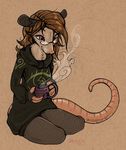  anthro beverage clothing eyewear fur glasses hair invalid_tag looking_down mammal marsupial opossum purple_eyes simple_background sitting smile solo steam sweater traditional_media_(artwork) zenirix 