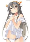  apron apron_lift bad_id bad_pixiv_id black_hair brown_eyes hairband haruna_(kantai_collection) headgear kankitsunabe_(citrus) kantai_collection long_hair naked_apron panties smile solo standing strap_slip striped striped_panties twitter_username underwear white_panties 