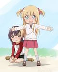  blonde_hair blue_eyes casual commentary crying funami_yui hair_ornament kneehighs long_sleeves multiple_girls open_mouth outstretched_arms protecting purple_hair raglan_sleeves ren_kon role_reversal skirt spread_arms standing tears toshinou_kyouko twitter_username two_side_up wavy_mouth younger yuru_yuri 