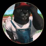  anthro athletic baseball_cap buge canine clothing erection fishlens grin hat male mammal naughty_face overalls plumber rov solo wet_spot wolf 