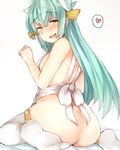  apron ass blush breasts eyebrows eyebrows_visible_through_hair fate/grand_order fate_(series) green_hair hair_ornament heart kiyohime_(fate/grand_order) kneeling long_hair looking_back medium_breasts naked_apron naughty_face no_panties open_mouth sabujiroko sideboob simple_background sitting smile solo speech_bubble spoken_heart thighhighs wariza white_background white_legwear yellow_eyes 