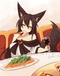  ^_^ animal_ears bare_shoulders breasts brooch brown_hair closed_eyes collarbone cup dress drinking_glass eating eyebrows eyebrows_visible_through_hair food hair_between_eyes happy holding holding_cup holding_food holding_pizza imaizumi_kagerou indoors jewelry kaginoni large_breasts long_hair off-shoulder_dress off_shoulder pasta pizza plate short_sleeves smile solo spaghetti table tablecloth tail touhou white_dress wine_glass wolf_ears wolf_tail 