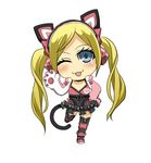  ;) animal_ears black_legwear blonde_hair blue_eyes breasts cat_ear_headphones cat_ears cat_tail chibi choker frills full_body gloves headphones housen_natsuki knee_pads long_hair lucky_chloe one_eye_closed open_mouth paw_gloves paw_pose paws shoes simple_background smile sneakers solo tail tekken tekken_7 thighhighs twintails 