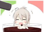  ^_^ alcohol bathing blush bottle chibi closed_eyes commentary cup drinking_glass goma_(yoku_yatta_hou_jane) grey_hair hair_between_eyes hair_ornament hair_up hat in_container in_cup italian_flag kantai_collection mini_hat nude pola_(kantai_collection) sidelocks solo wine wine_bottle wine_glass 