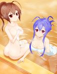  2girls ahoge antenna_hair arc_system_works artist_request ass blazblue blue_hair blush breasts brown_hair butt_crack celica_a_mercury from_behind hair_bun large_breasts leaning leaning_forward long_hair looking_at_viewer mai_natsume multiple_girls naked_towel ponytail purple_eyes red_eyes shiny shiny_hair shiny_skin smile towel 