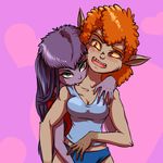  &lt;3 2015 bite blush breasts canine cheek_tuft cleavage clothed clothing cute_fangs duo elbow_tufts female female/female fur ghoul_school green_eyes hair hug humanoid looking_at_viewer mammal navel open_mouth orange_hair plagueofgripes purple_background purple_hair red_eyes scooby-doo_(series) sibella_dracula simple_background tan_fur tuft vampire were werewolf winnie_werewolf yellow_sclera 