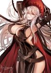  2016 armpits arms_behind_head arms_up artist_name bangs belt black_dress black_hat breasts detached_sleeves dress granblue_fantasy hair_between_eyes hat kigawa_rin large_breasts long_hair long_sleeves looking_at_viewer looking_to_the_side loose_belt magisa_(granblue_fantasy) red_eyes side_slit sideboob silver_hair simple_background smile solo thighs white_background witch witch_hat 