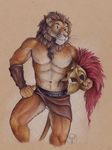  :&lt; anthro armor athletic balls barely_visible_genitalia bracers clothing feline front_view helmet hi_res holding_object lion looking_at_viewer male mammal mane navel neverwolf pecs pencil_(artwork) simple_background skirt solo standing step_pose traditional_media_(artwork) warrior whiskers 