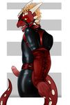  2016 anthro argonian bdsm bondage bound catsuit_(disambiguation) clothing collar digital_media_(artwork) feathers gag gagged harness horn looking_at_viewer male noahsense open_mouth penis reptile rubber sairaks scales scalie simple_background skyrim sleeves solo suit the_elder_scrolls tongue video_games 