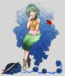  al_bhed_eyes alternate_costume aoshima bare_shoulders blue_flower blue_rose boots commentary creepy_eyes empty_eyes flower green_eyes green_hair hand_to_own_mouth hat hat_removed headwear_removed highres komeiji_koishi navel red_flower red_rose ringed_eyes rose smile solo third_eye touhou 