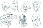  2015 animal_humanoid armor blue_and_white cat_humanoid clothed clothing feline hat helmet humanoid looking_at_viewer mammal monochrome plagueofgripes simple_background sketch sketch_page snake_humanoid white_background 