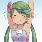  arm_behind_head armpits arms_up blush closed_eyes collarbone flower green_hair hair_flower hair_ornament long_hair low_twintails mao_(pokemon) nekono_rin pokemon pokemon_(game) pokemon_sm smile solo stretch trial_captain twintails 