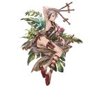  armpits arms_up breasts bug butterfly cleavage dagger eyepatch flower full_body granblue_fantasy holding holding_weapon insect jewelry looking_at_viewer lying medium_breasts minaba_hideo necklace official_art on_side red_eyes sandals short_hair sideboob solo swimsuit tanya_(granblue_fantasy) transparent_background weapon white_hair 
