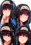  absurdres black_hair blue_eyes expressions happy headband highres idolmaster idolmaster_cinderella_girls multiple_views nohito non-web_source sad sagisawa_fumika scan translation_request 