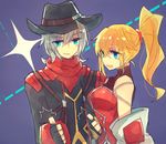  1girl :3 :d bad_id bad_pixiv_id banned_artist blonde_hair blue_eyes blush excellen_browning fingerless_gloves gloves grey_hair harken_browning hat long_hair nunuko_(mu661129) open_mouth ponytail purple_background smile super_robot_wars super_robot_wars_og_moon_dwellers super_robot_wars_og_saga_mugen_no_frontier super_robot_wars_original_generation thumbs_up upper_body 