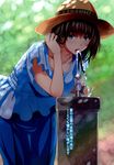  absurdres adjusting_hair bent_over black_hair blue_eyes blurry bokeh breasts depth_of_field dress drinking_fountain hat highres idolmaster idolmaster_cinderella_girls jewelry large_breasts leaning_forward long_hair necklace nohito non-web_source open_mouth sagisawa_fumika scan solo sparkle straw_hat sun_hat translation_request water 