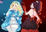  2girls alice_(wonderland) alice_(wonderland)_(cosplay) alice_in_wonderland black_dress black_hair blonde_hair blue_dress blue_eyes breasts card dress dress_lift heart hel_(smite) law-zilla multiple_girls nail_polish red_eyes red_queen red_queen_(cosplay) ribbon smite 