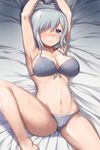  armpits arms_up bare_legs barefoot bikini blue_eyes blush breasts cameltoe chain cleavage covered_nipples danbo_(rock_clime) front-tie_bikini front-tie_top grey_bikini hair_ornament hair_over_one_eye hairclip hamakaze_(kantai_collection) highres kantai_collection large_breasts leg_lift light_smile navel nose_blush restrained silver_hair solo sweat swimsuit 