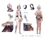  ahoge ass bare_legs character_name character_sheet close-up concept_art flat_ass full_body hand_on_hip headphones headset highres insignia jeanex looking_at_viewer multiple_views pacific personification shirt short_hair smile swimsuit thigh_strap turnaround uss_sculpin_(ss-191) valve white_background white_hair white_shirt yellow_eyes 